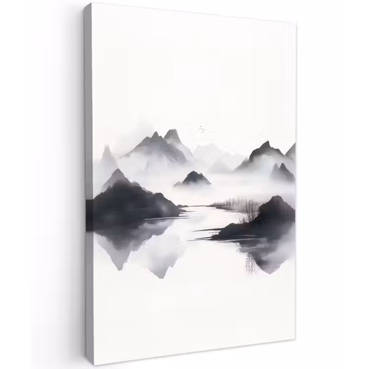 Bergen - Mistig - Water - Wit Tuinposter op houten frame 2 cm dik klein -3d