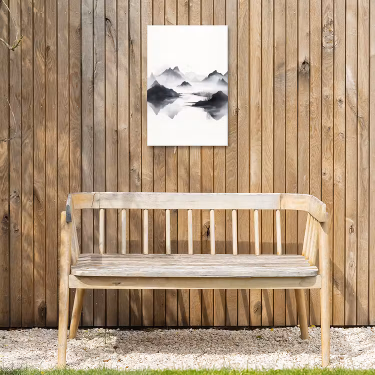 Bergen - Mistig - Water - Wit Tuinposter op houten frame 2 cm dik klein -sfeer4
