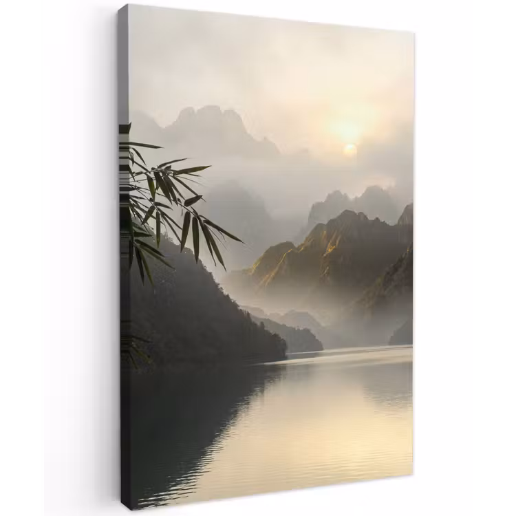 Bergen - Water - Mist - Natuur - Landschap Tuinposter op houten frame 2 cm dik klein -3d