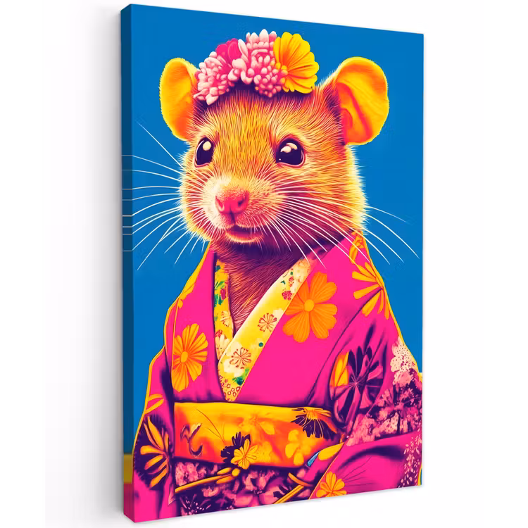 Muis - Kimono - Bloemen - Blauw Tuinposter op houten frame 2 cm dik klein -3d