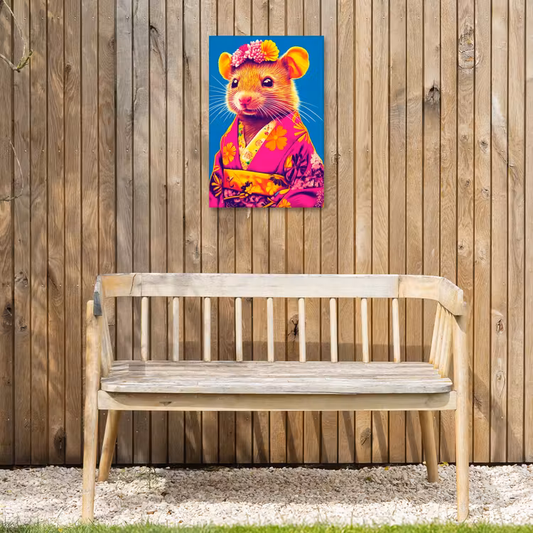Muis - Kimono - Bloemen - Blauw Tuinposter op houten frame 2 cm dik klein -sfeer4