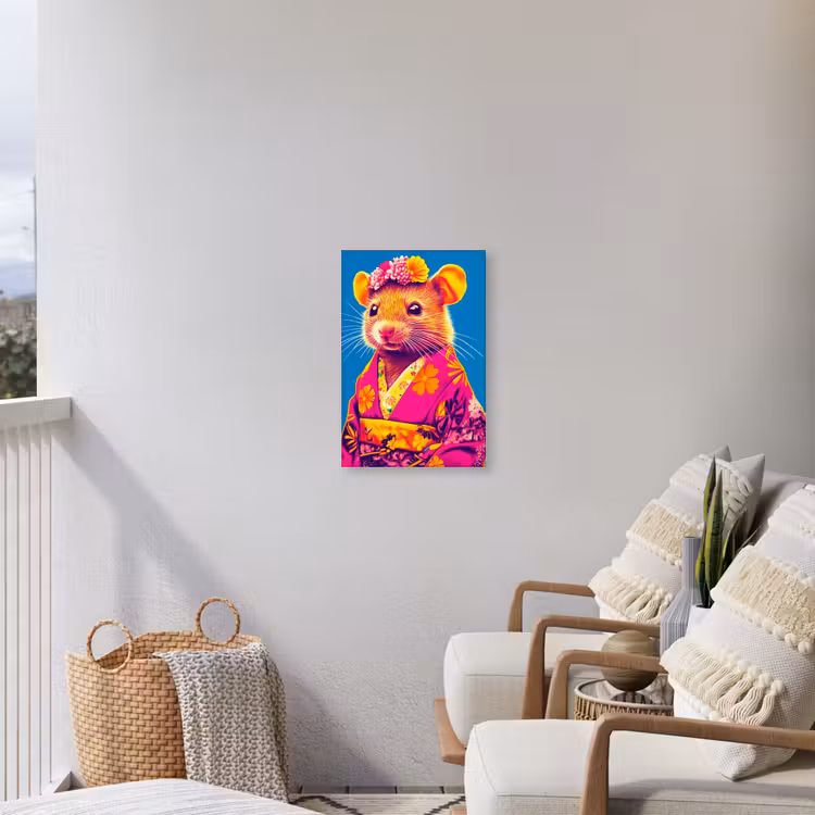 Muis - Kimono - Bloemen - Blauw Tuinposter op houten frame 2 cm dik klein -sfeer1