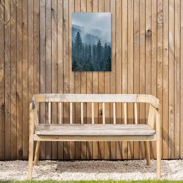 Naaldwoud - Bergen - Mist Tuinposter op houten frame 2 cm dik klein -sfeer4