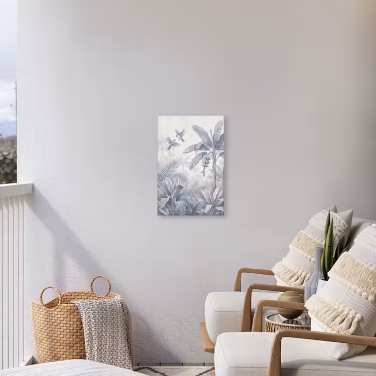 Natuur - Vogel - Jungle - Illustratie - Blauw Tuinposter op houten frame 2 cm dik klein -sfeer1