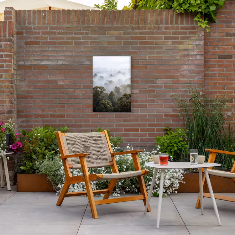 Natuur - Mist - Bos - Ochtend - Goud Tuinposter op houten frame 2 cm dik klein -sfeer3