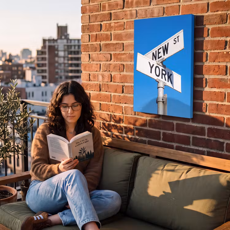 New York - Straatbord - Stad - Urban - Blauw Tuinposter op houten frame 2 cm dik klein -sfeer3