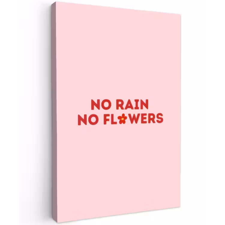 No rain no flowers - Minimalistisch - Roze - Bloem Tuinposter op houten frame 2 cm dik klein -3d