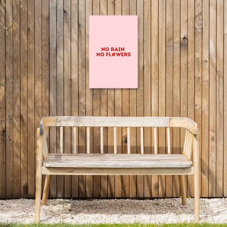 No rain no flowers - Minimalistisch - Roze - Bloem Tuinposter op houten frame 2 cm dik klein -sfeer4