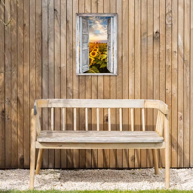 Oude deuren naar zonnebloemveld Tuinposter op houten frame 2 cm dik klein -sfeer4