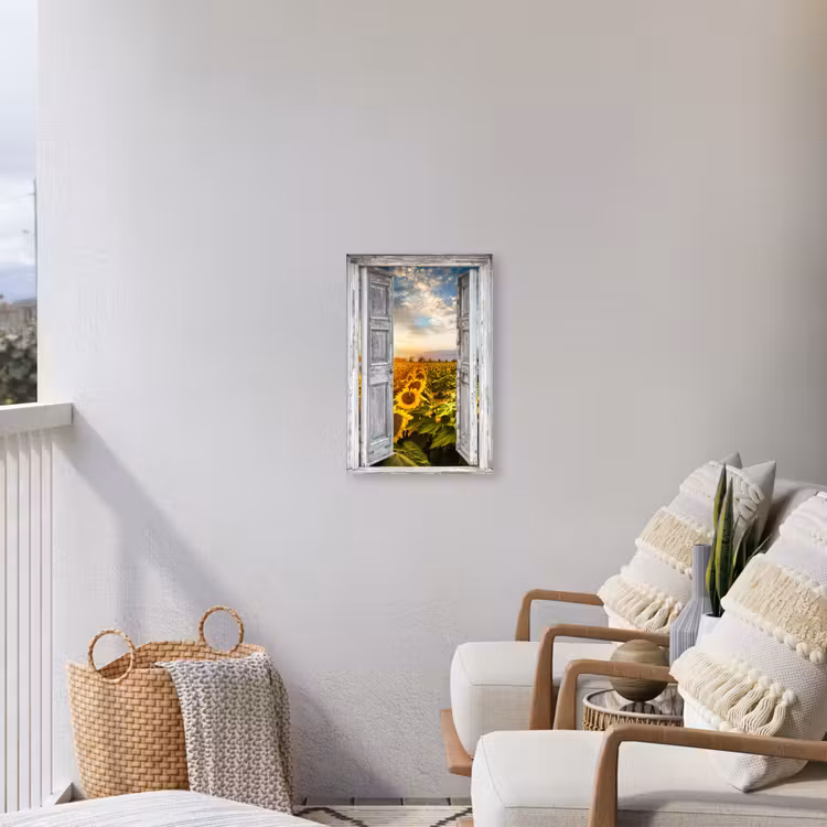 Oude deuren naar zonnebloemveld Tuinposter op houten frame 2 cm dik klein -sfeer1