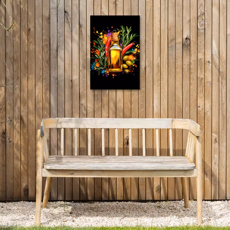 Olijfolie - Graffiti - Peper - Olijven - Modern Tuinposter op houten frame 2 cm dik klein -sfeer4