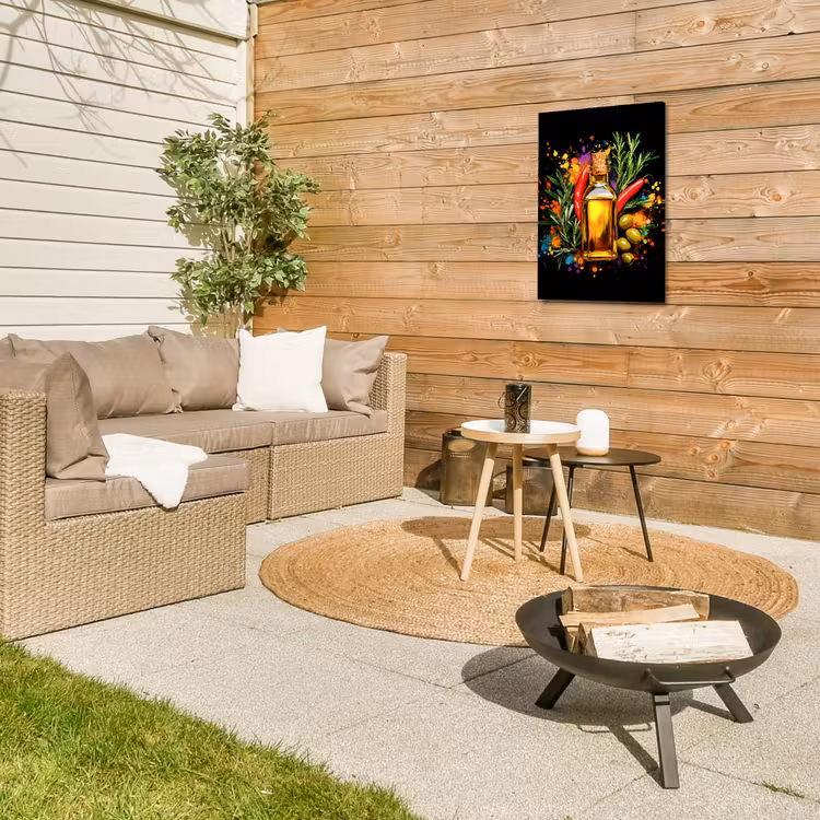 Olijfolie - Graffiti - Peper - Olijven - Modern Tuinposter op houten frame 2 cm dik klein -sfeer2