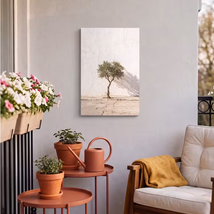 Outdoor Canvas Print - Olive Tree - Wall - White - Olijfboom - muur - wit Tuinposter op houten frame 2 cm dik klein
