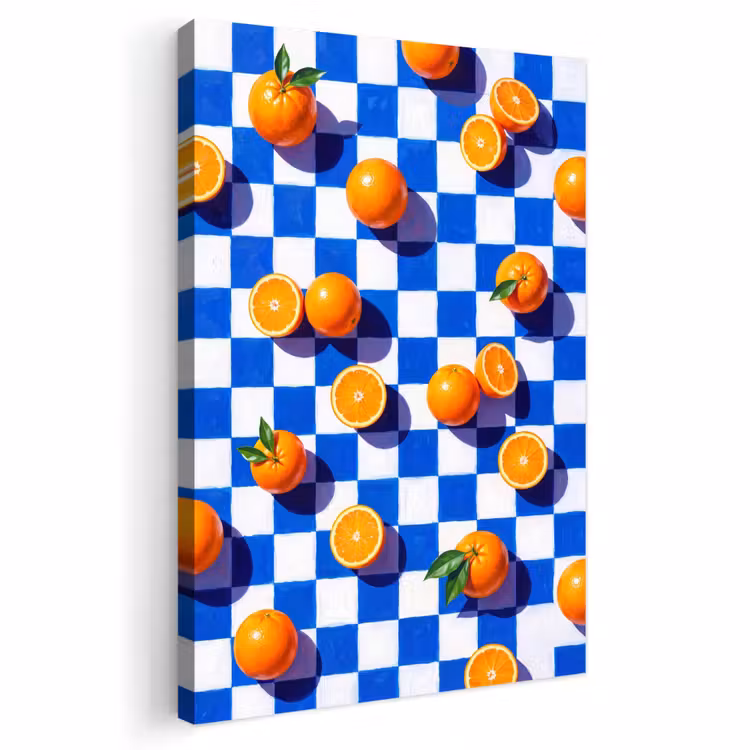 Outdoor Canvas Print - Orange - Checkered - Food - Sinaasappel - Geruit - Eten Tuinposter op houten frame 2 cm dik klein