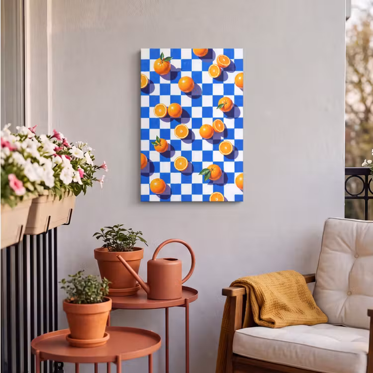 Outdoor Canvas Print - Orange - Checkered - Food - Sinaasappel - Geruit - Eten Tuinposter op houten frame 2 cm dik klein