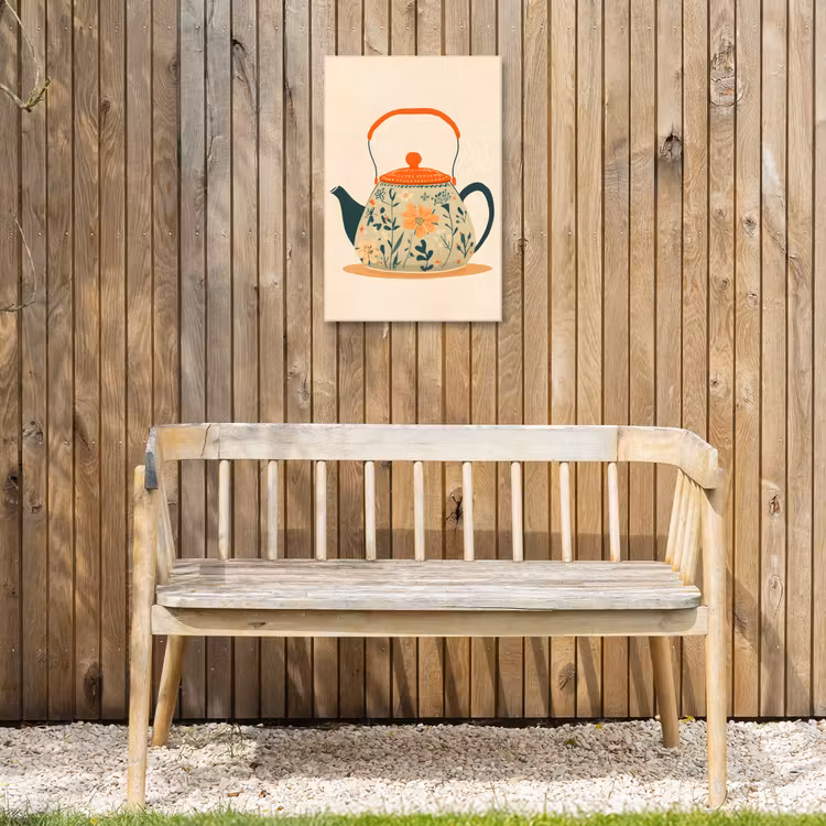 Oranje - Theepot - Bloemen - Bladeren Tuinposter op houten frame 2 cm dik klein -sfeer4