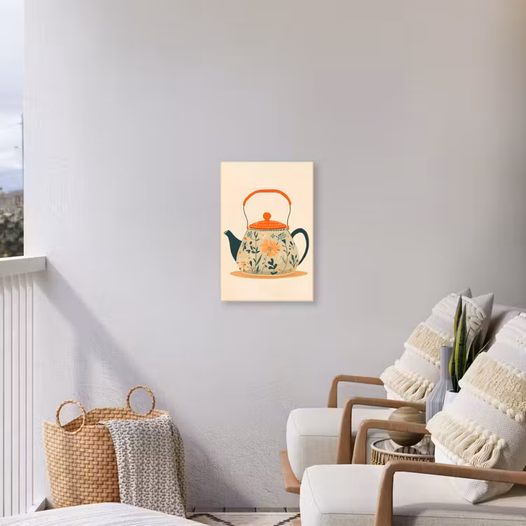 Oranje - Theepot - Bloemen - Bladeren Tuinposter op houten frame 2 cm dik klein -sfeer1
