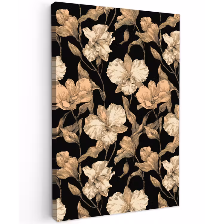 Orchideeën - Lijntekening - Patroon - Beige - Zwart Tuinposter op houten frame 2 cm dik klein 841 -3d