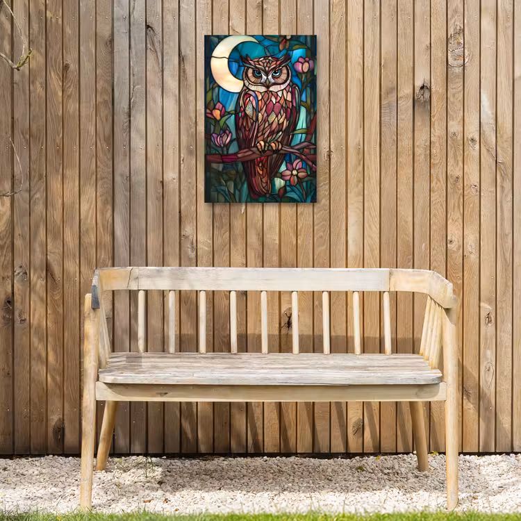 Uil - Mozaïek - Maan - Nacht Tuinposter op houten frame 2 cm dik klein -sfeer4