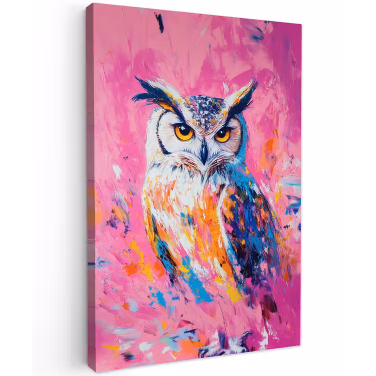 Uil - Roze - Blauw - Verf - Abstract Tuinposter op houten frame 2 cm dik klein -3d