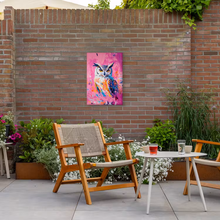 Uil - Roze - Blauw - Verf - Abstract Tuinposter op houten frame 2 cm dik klein -sfeer3