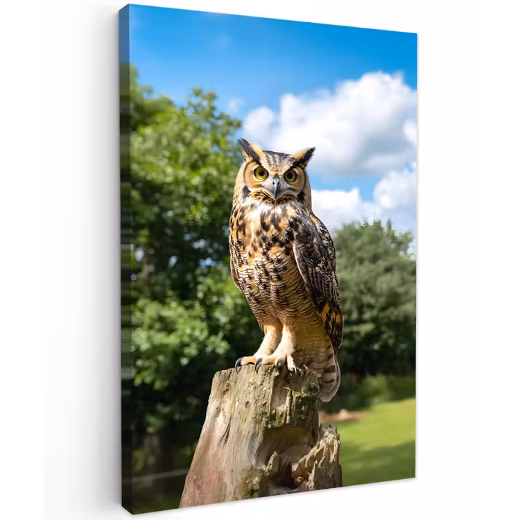 Uil - Boomstronk - Bos - Lucht Tuinposter op houten frame 2 cm dik klein -3d