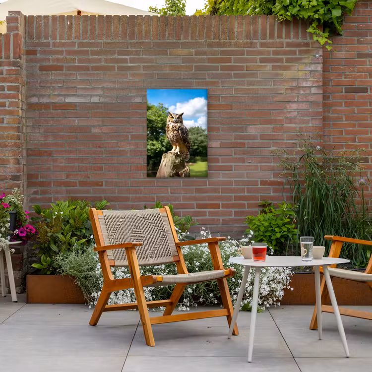 Uil - Boomstronk - Bos - Lucht Tuinposter op houten frame 2 cm dik klein -sfeer3