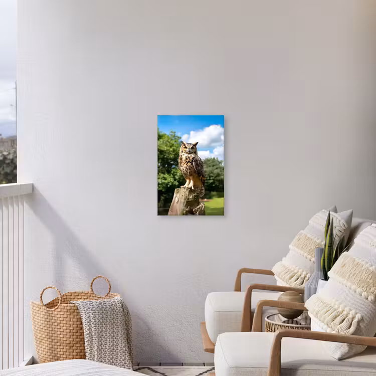 Uil - Boomstronk - Bos - Lucht Tuinposter op houten frame 2 cm dik klein -sfeer1