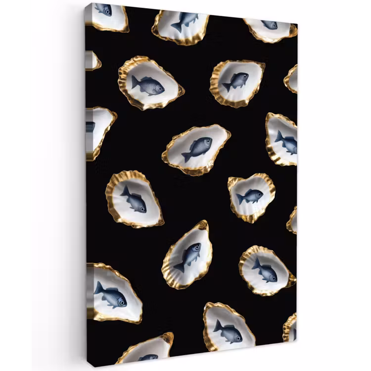 Oesters - Vissen - Blauw - Goud Tuinposter op houten frame 2 cm dik klein -3d