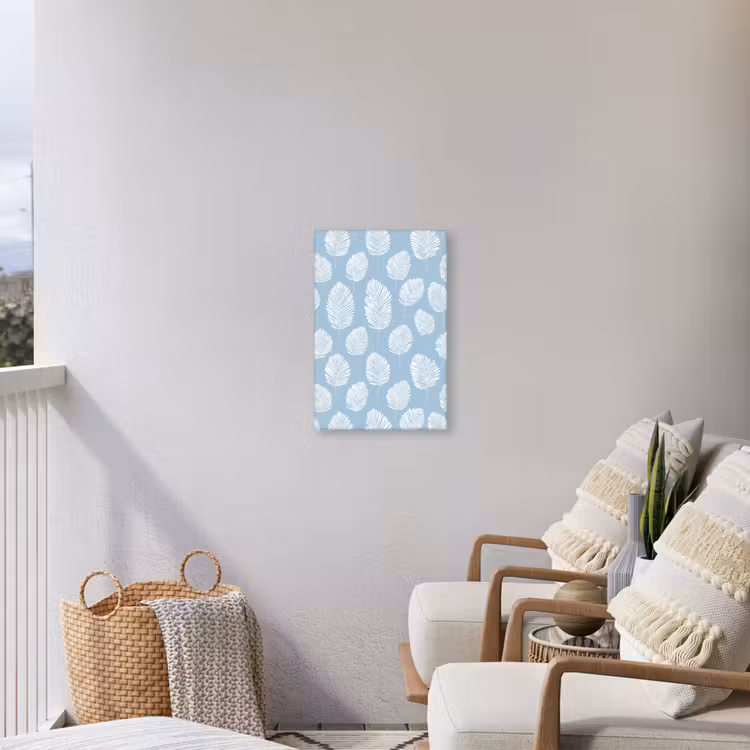 Palmbladeren - Naadloos - Patroon - Pastelblauw Tuinposter op houten frame 2 cm dik klein 841 -sfeer1