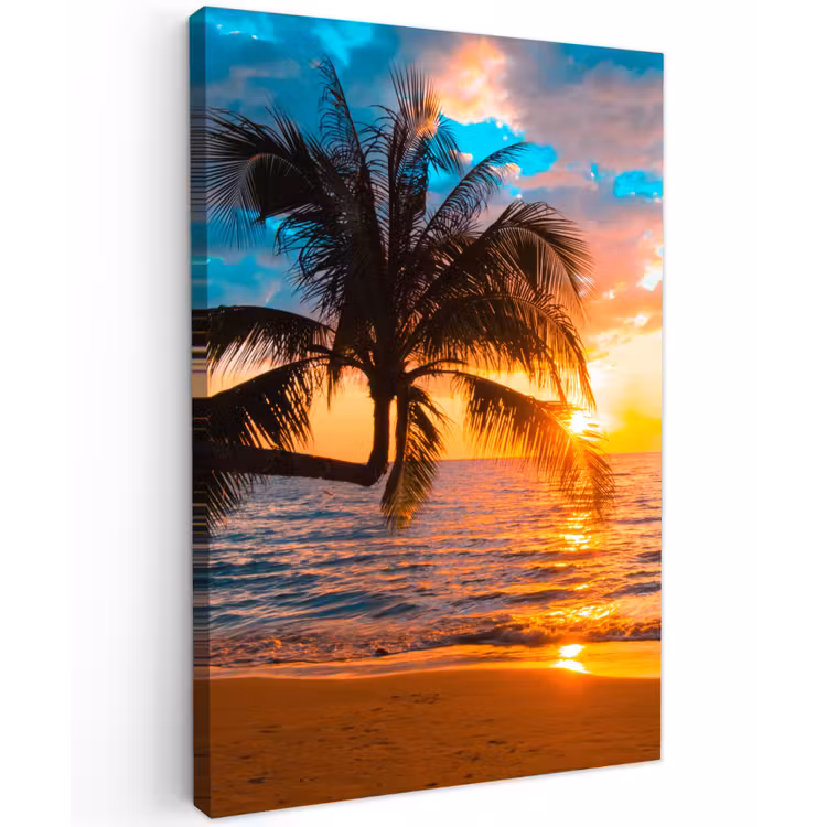 Palm - Zonsondergang - Horizon - Strand - Zee - Tropisch Tuinposter op houten frame 2 cm dik klein -3d