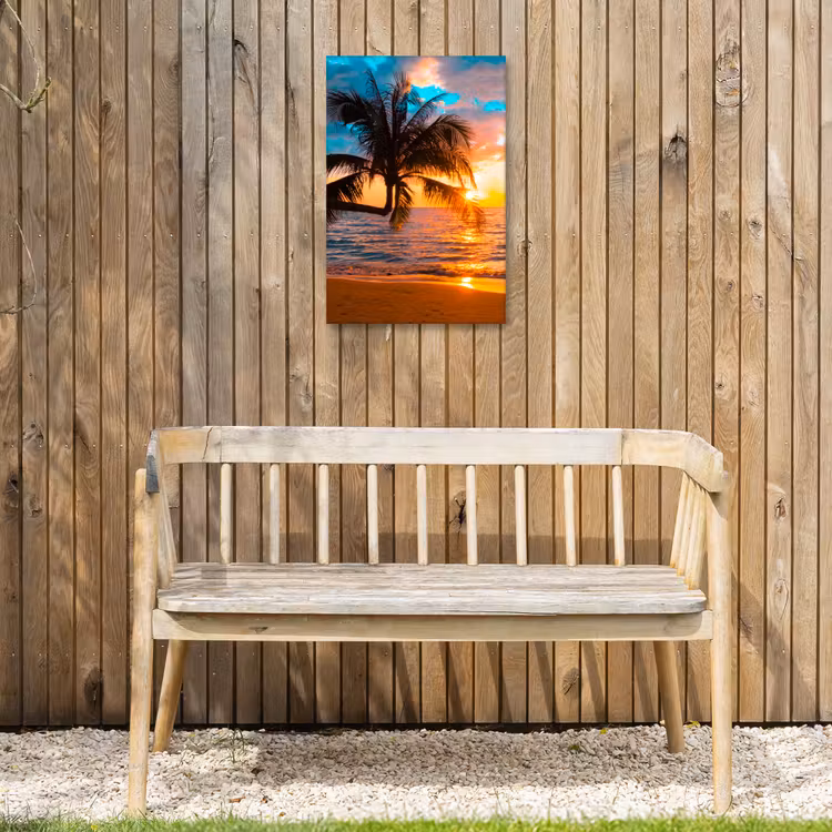 Palm - Zonsondergang - Horizon - Strand - Zee - Tropisch Tuinposter op houten frame 2 cm dik klein -sfeer4