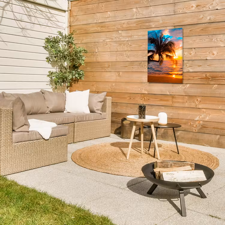 Palm - Zonsondergang - Horizon - Strand - Zee - Tropisch Tuinposter op houten frame 2 cm dik klein -sfeer2