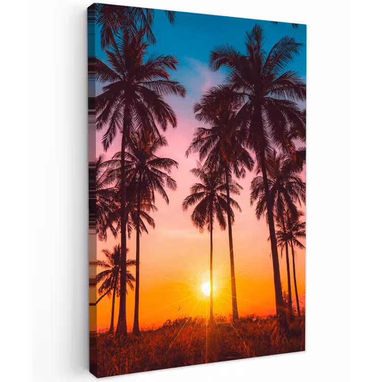 Palmboom - Zonsondergang - Horizon - Strand - Oranje - Roze Tuinposter op houten frame 2 cm dik klein -3d