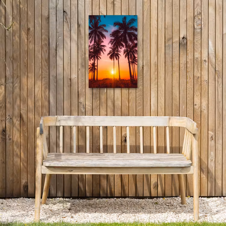 Palmboom - Zonsondergang - Horizon - Strand - Oranje - Roze Tuinposter op houten frame 2 cm dik klein -sfeer4