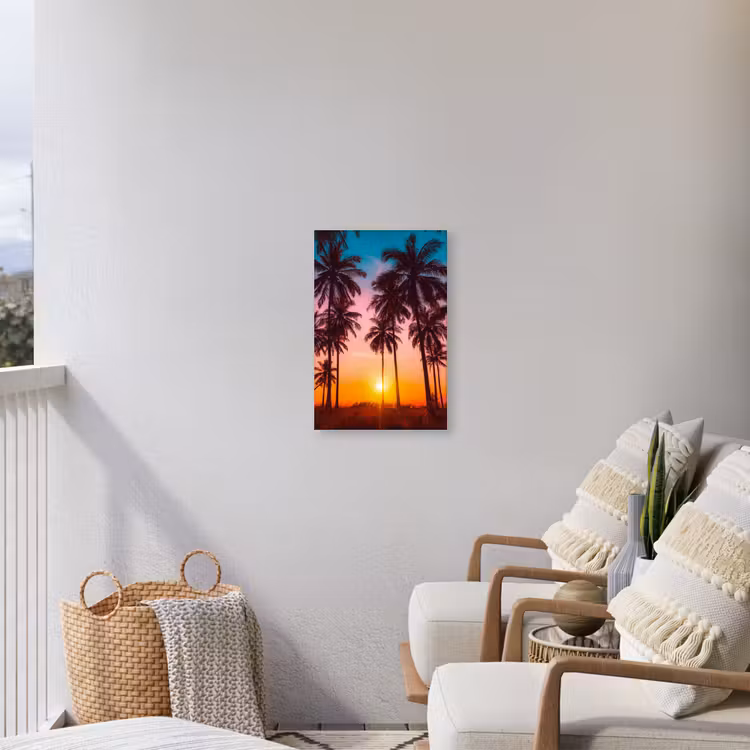 Palmboom - Zonsondergang - Horizon - Strand - Oranje - Roze Tuinposter op houten frame 2 cm dik klein -sfeer1