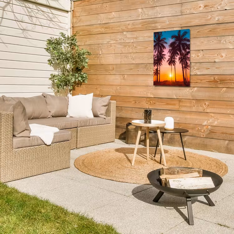 Palmboom - Zonsondergang - Horizon - Strand - Oranje - Roze Tuinposter op houten frame 2 cm dik klein -sfeer2