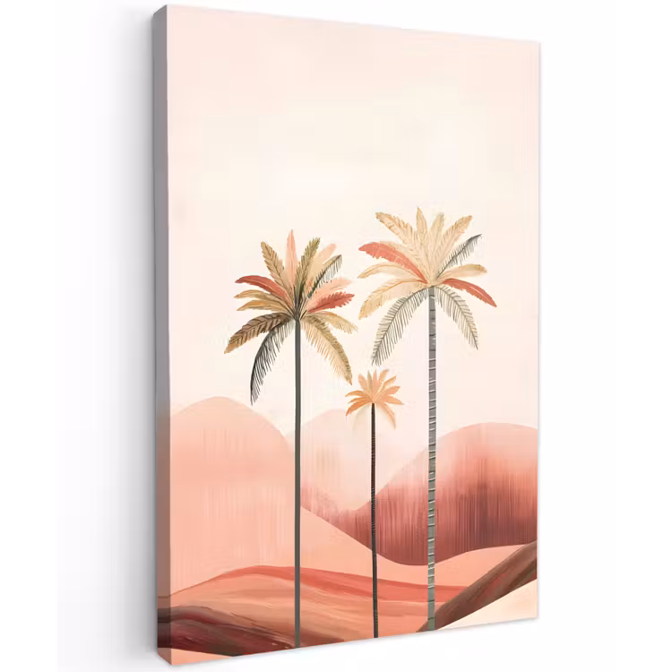 Palmbomen - Heuvels - Minimalistisch - Zachtroze Tuinposter op houten frame 2 cm dik klein -3d