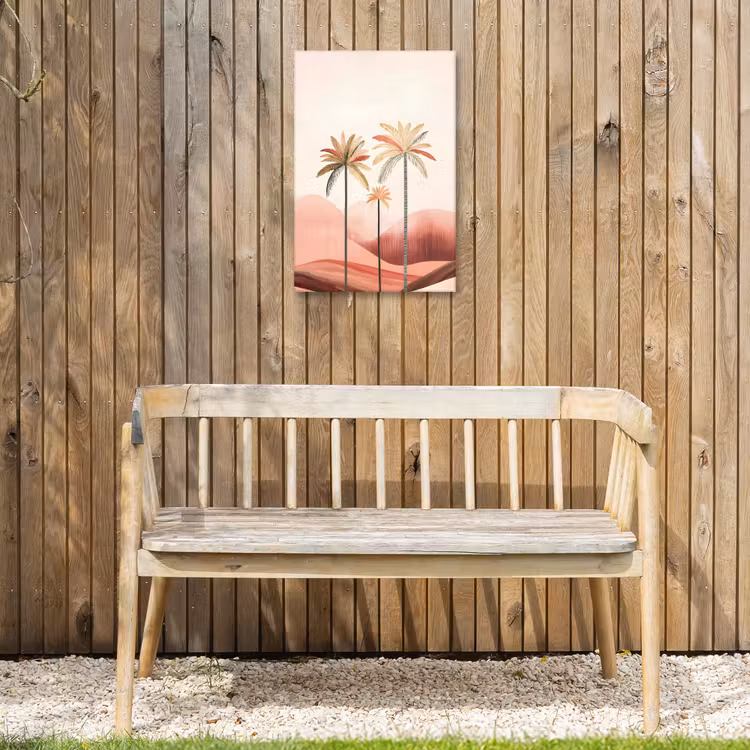 Palmbomen - Heuvels - Minimalistisch - Zachtroze Tuinposter op houten frame 2 cm dik klein -sfeer4