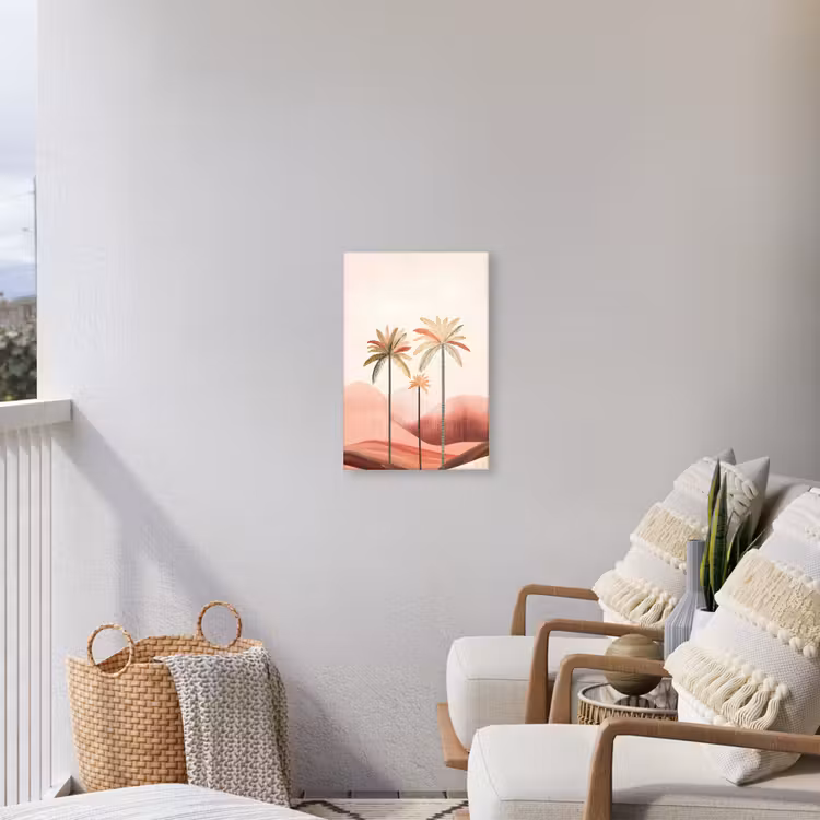 Palmbomen - Heuvels - Minimalistisch - Zachtroze Tuinposter op houten frame 2 cm dik klein -sfeer1