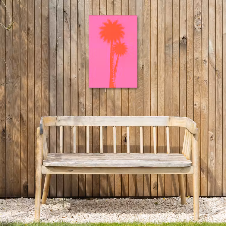 Palmbomen - Modern - Roze Tuinposter op houten frame 2 cm dik klein -sfeer4