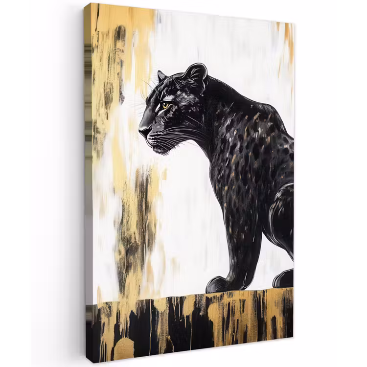 Panter - Zwart - Abstract - Goud Tuinposter op houten frame 2 cm dik klein -3d