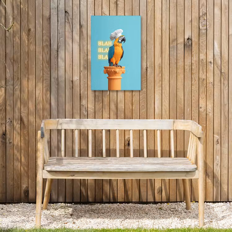 Papegaai - Koksmuts - Quote - Neon Tuinposter op houten frame 2 cm dik klein -sfeer4