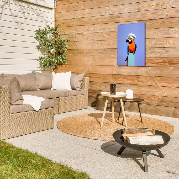 Papegaai - Koksmuts - Vogel - Leuk Tuinposter op houten frame 2 cm dik klein -sfeer2