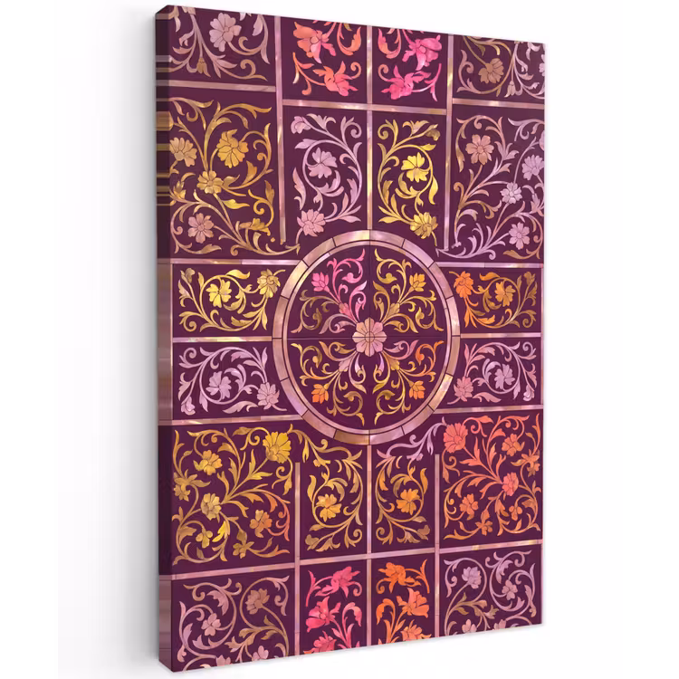 Patroon - Floraal - Oosters - Paars - Goud Tuinposter op houten frame 2 cm dik klein -3d