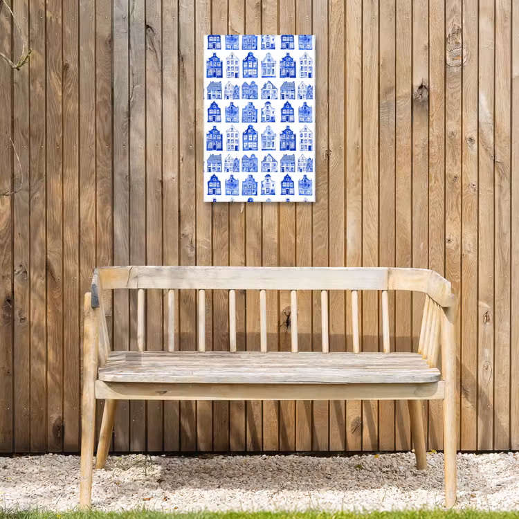 Patroon - Huizen - Blauw Tuinposter op houten frame 2 cm dik klein 841 -sfeer4