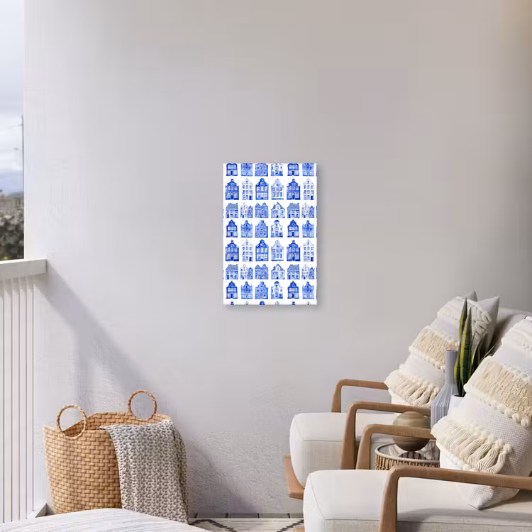 Patroon - Huizen - Blauw Tuinposter op houten frame 2 cm dik klein 841 -sfeer1