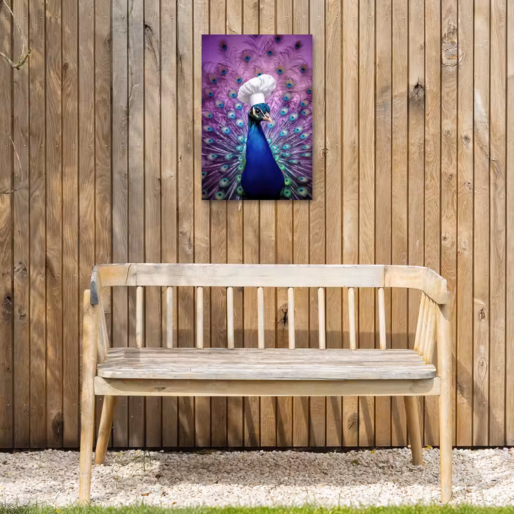 Pauw - Koksmuts - Cool - Paars Tuinposter op houten frame 2 cm dik klein -sfeer4