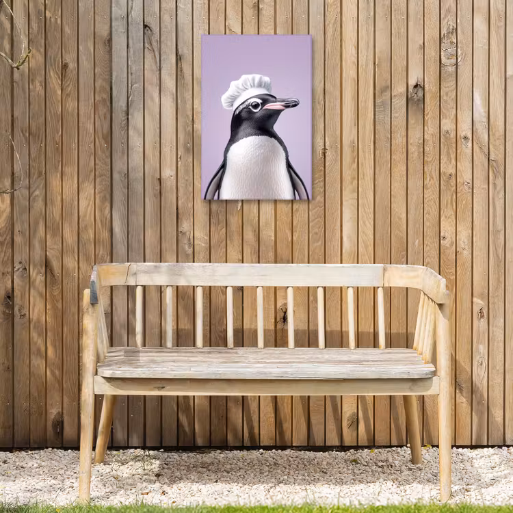 Pinguïn - Koksmuts - Lief - Paars Tuinposter op houten frame 2 cm dik klein -sfeer4