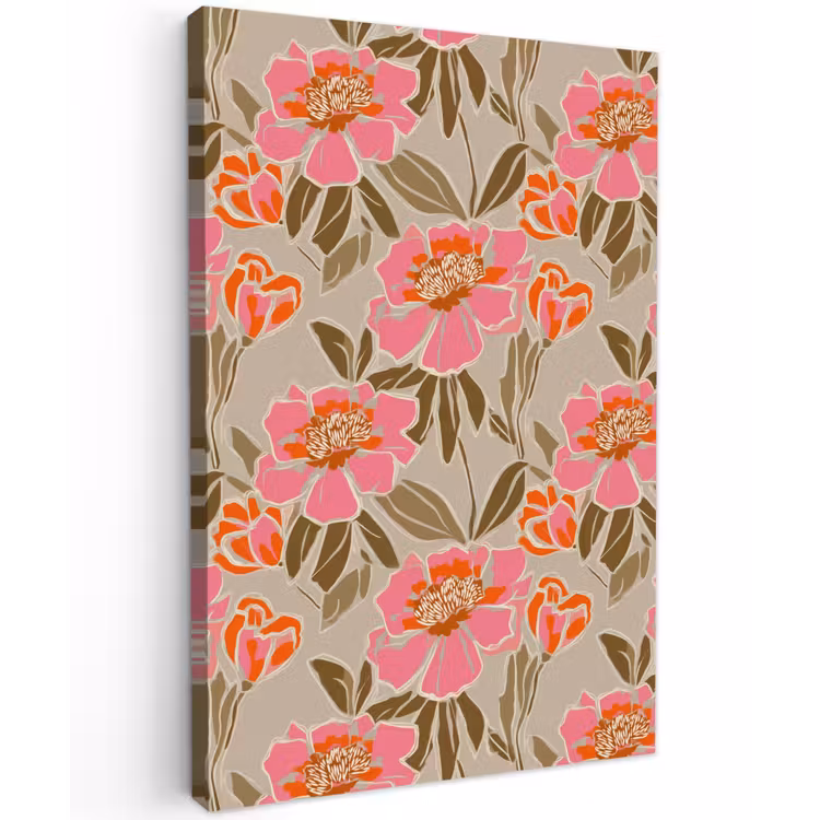 Pioenrozen - Patroon - Roze Tuinposter op houten frame 2 cm dik klein 841 -3d